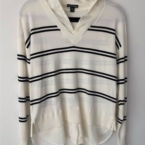 Hilary Radley White Sweater with Black Stripes V-Neck